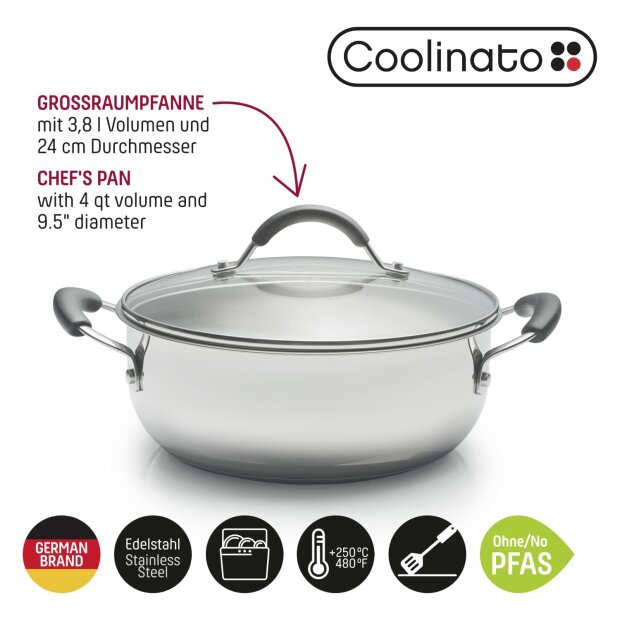 Coolinato Grossraumpfanne 24cm / 3,8l aus Edelstahl – unbeschichtet